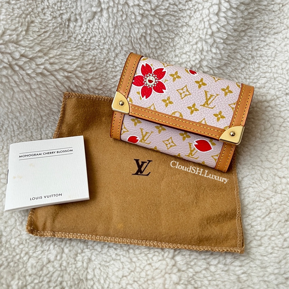 Auth Louis Vuitton Cherry Blossom Red Pink Monogram Card Holder Wallet